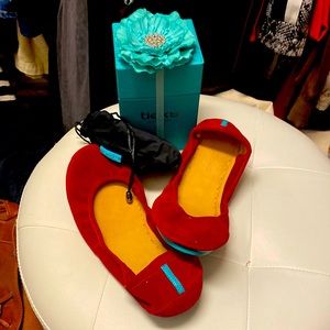 Rouge suede Tieks, size 7. Beautiful. Includes box, shoe bag, flower and shoes.